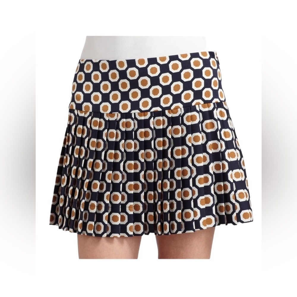 Theory Sylvian Geometric True Navy Pleated A lined Skirt Size 8 Silk - Picture 1 of 13